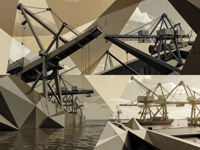 Harbor cranes against a sky — structural beams in overlapping angular planes