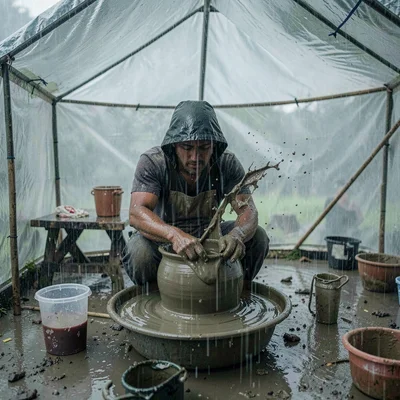 Monsoon season photograph, heavy rain atmosphere, A potter working under a plast