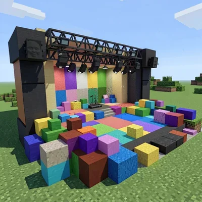 Voxel 3D illustration, cube-based music concert stage , cubic voxel construction