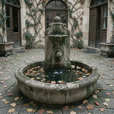 Stone fountain in a courtyard, water off, leaves collecting in the basin, autumn