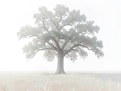 Ancient oak in a pale field, branches angular against the white sky, no second t