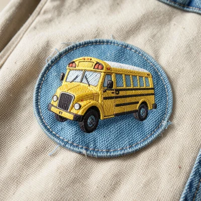 Embroidered school bus on denim backpack patch, yellow thread, tiny wheels