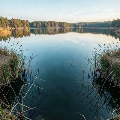 Finnish lake mirror, dead-calm reflection, Reed bed edge meeting still water, pe