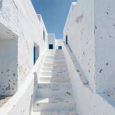 Cycladic whitewash study, Greek island lime, A whitewashed staircase climbing be