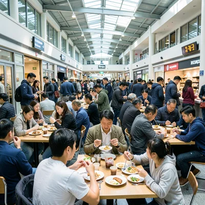 Food court at peak lunch rush with every table occupied