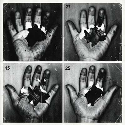 Pair of hands photocopied 25 times, fingers fused to abstract black shapes, only