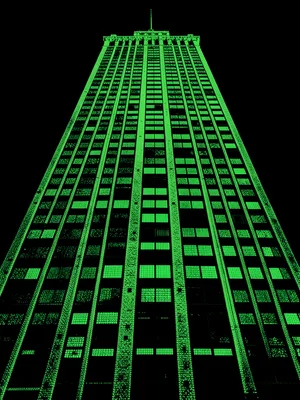 A skyscraper facade shot from below in terminal green, windows as regularly spac
