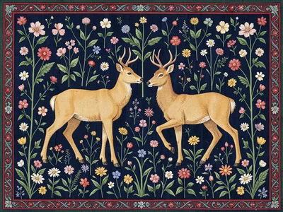 Deer Pair on Dark Blue Millefleur Field