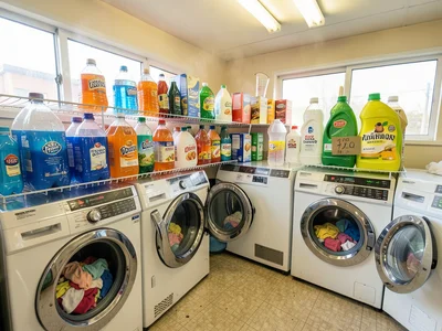 The detergent shelf of a laundromat, a wall-mounted wire rack holding a dozen pl