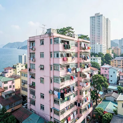 Busan vertical density, hillside village stacking, pink apartment building with 