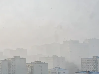 Buildings layered by smog depth
