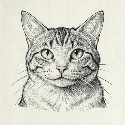 Pen-ink character study of a cat staring directly into a camera lens, expressive