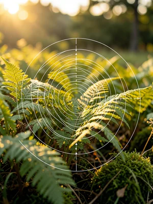 Fern unfurling photo with golden ratio spiral overlay drawn in thin white lines