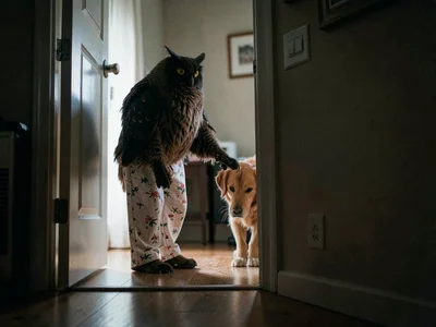 Night owl standing in apartment doorway letting the dog out, pajamas, the thresh
