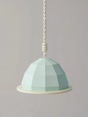Hanging lavender lowpoly pendant lamp with a faceted mint shade and a chunky cre