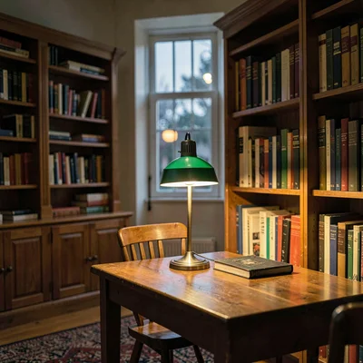 Atmospheric photo of a small civic library at evening with a single green-shade