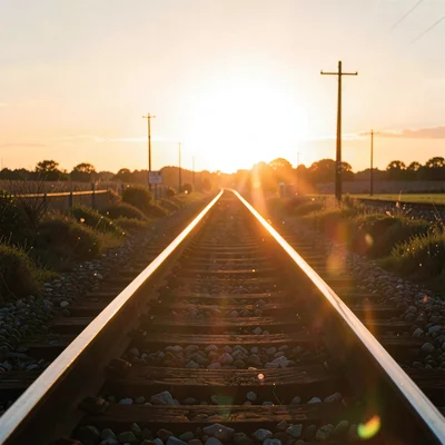 Train tracks leading toward a golden horizon sun
