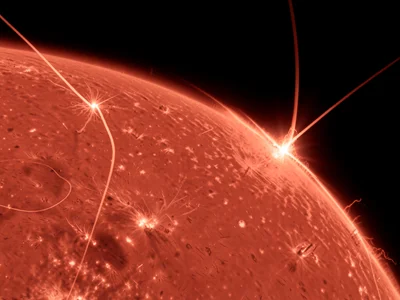 Solar flare ribbon, two parallel bright strands on the chromosphere marking magn