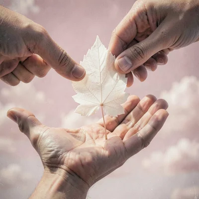 Single white leaf held between two fingers above a porcelain palm with peach lig