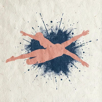 Bold two-color riso poster of a swimmer in butterfly silhouette in coral and ind