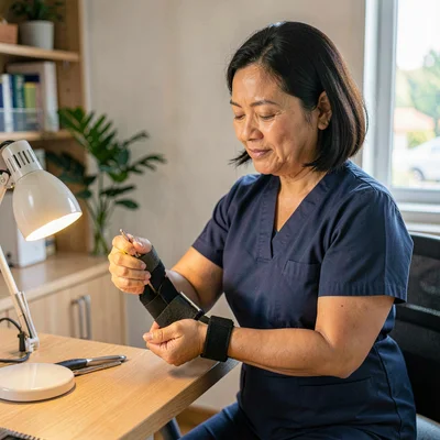 A gentle Filipino occupational-therapist in her thirties adjusting a wrist brace