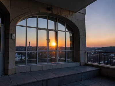 Observatory window reflecting setting sun