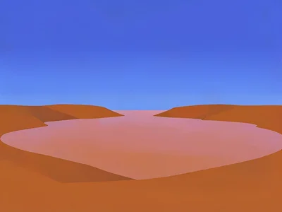 Brackish copper-tinted lake stretches between rust-orange shorelines under a vas