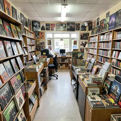 Cramped record store interior