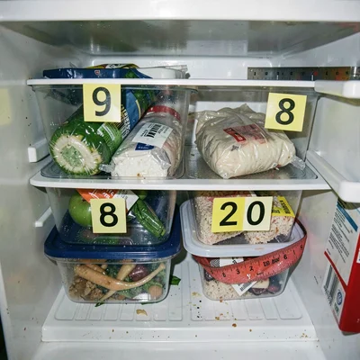 Refrigerator contents photographed as evidence with numbered markers