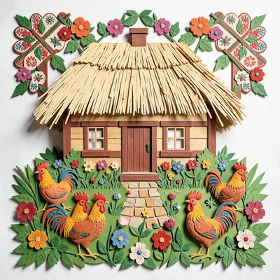 Polish wycinanki paper cut illustration, a cottage with thatched roof and flower