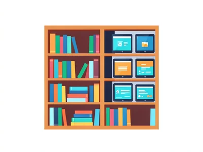A bookshelf that transforms into a digital library, physical books on the left m