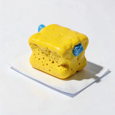 Compact chunky clay sponge in primary yellow with stubby blue squat scrubber sid