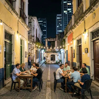 Casco Viejo restoration meeting modern Panama City, A narrow Casco Viejo alley a