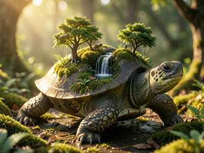 Turtle with a miniature ecosystem on its shell: tiny trees, waterfall, moss gard