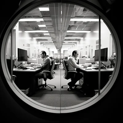 Photo In a bustling modern-day office a mirror reflec