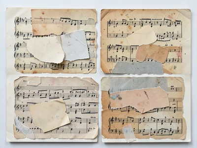 Torn cigarette card fragments layered over torn sheet music, two types of printe