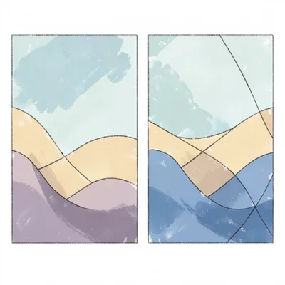 Side-by-side pair of two stage-map plates separated by a hairline seam, abstract