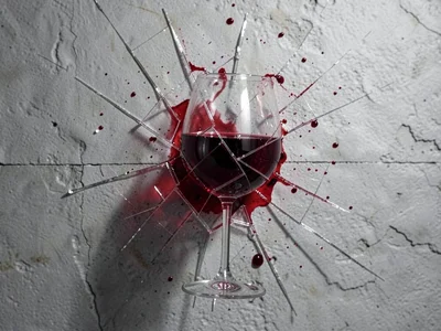 A wine glass shattering against a wall, frozen mid-explosion, the liquid holding