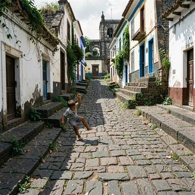 Volcano-framed colonial streets of Antigua Guatemala, A child playing on earthqu