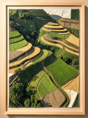 Terraced rice paddies as layered strips of green and gold fabric descending a hi
