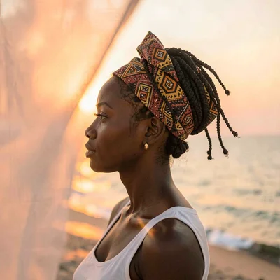 Peachy golden Dakar sunset light through sea haze, Young Wolof woman with braide