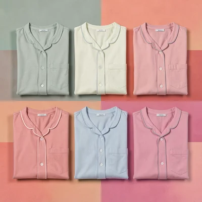 Color-block grid flatlay of six folded pajama tops in alternating sage and rose