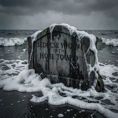 Charcoal mood plate of a king's stone grave being lapped by incoming waves, drif