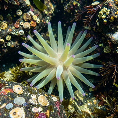 Sea anemone tentacles fully extended in clear tide pool water, translucent green