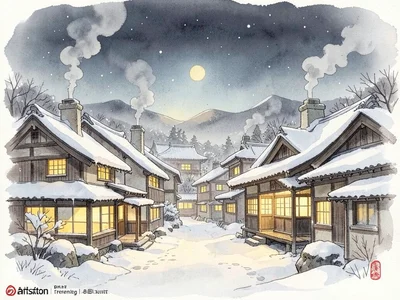 Snow-covered village at night, warm yellow light from windows, smoke from chimne