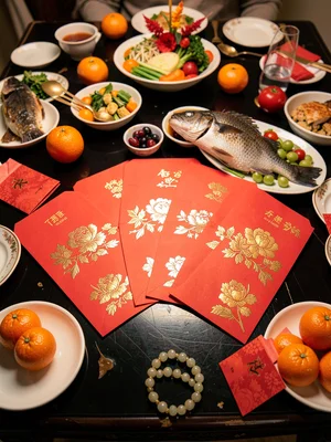 Red Envelopes Fanned on Lacquer Surface