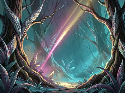 Lush silver-leafed alien forest with a magenta-gold shaft slicing teal mist, war