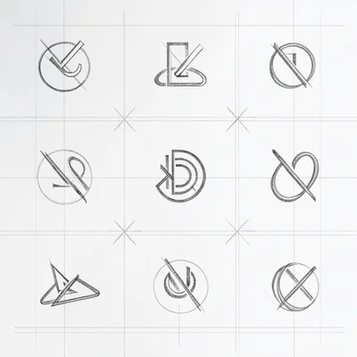 A 3x3 grid of abstract logo-mark variations in a deconstructed brand-system layo
