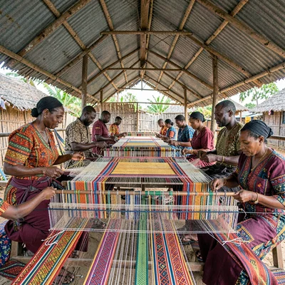 Kumasi kente weaving process, strip loom geometry, Row of strip looms under corr