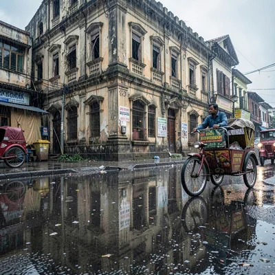 Kinetic density of Dhaka, Bangladesh, Old Dhaka building facade reflected in rai